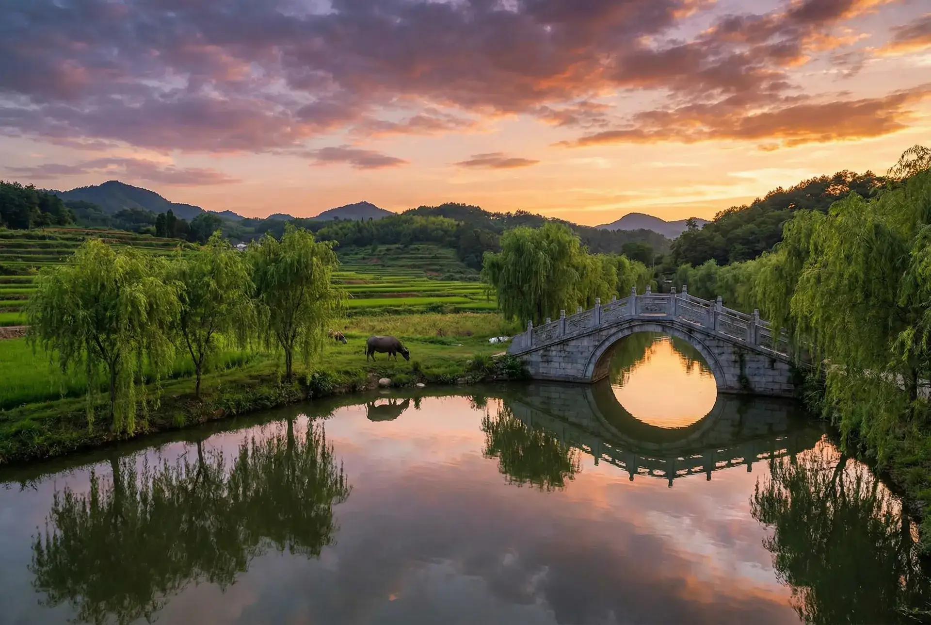 夕阳下的石拱桥与垂柳，水牛在河边吃草 - 免费p站入口 乡村美景